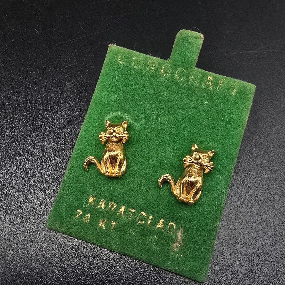 Corocraft Gold Tone Cat Pins Vintage Costume Jewelry Karatclad 24KT HGE